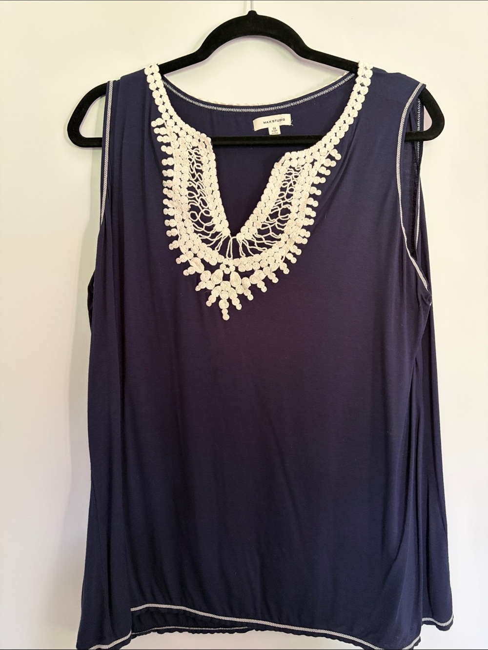 Max Studio Navy Tank with Cream Crochet V-Neck Accent